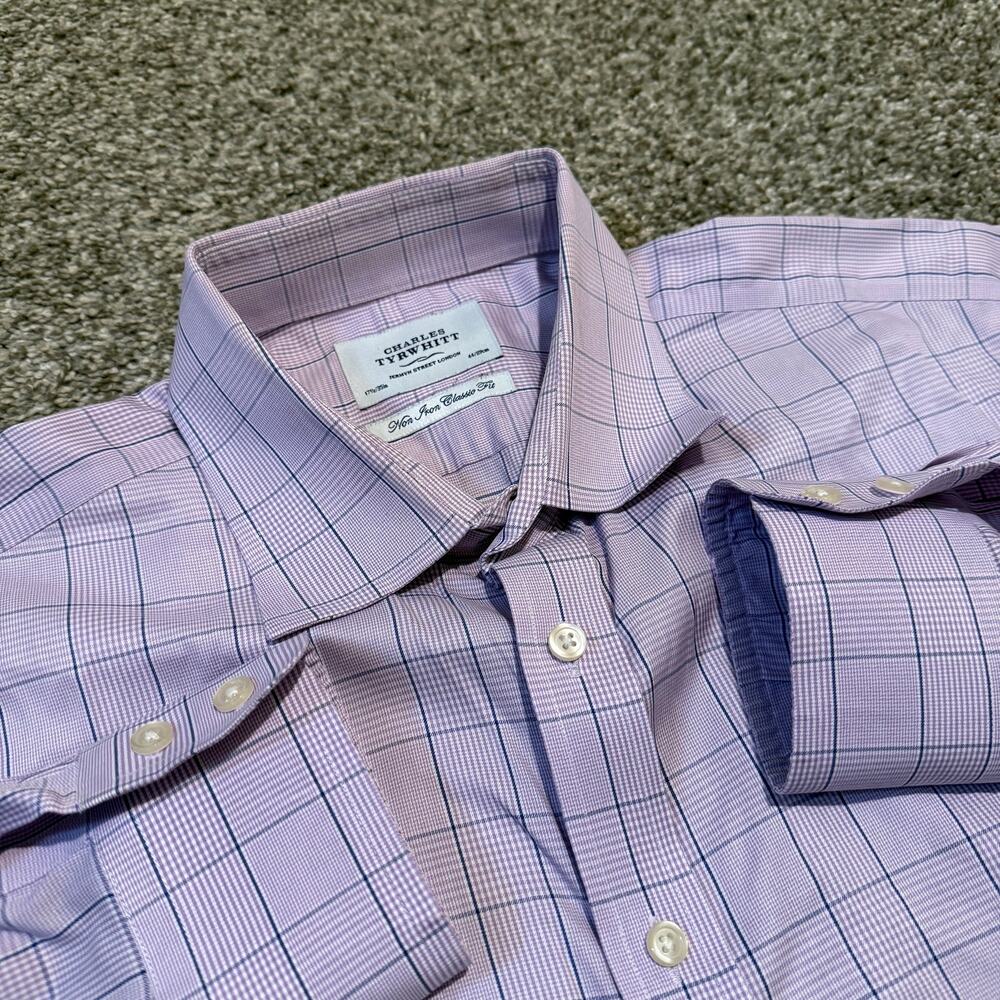 Charles Tyrwhitt Non Iron Classic Fit Dress Shirt 17.5 35 Purple Check Mens